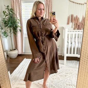 LAUREN Ralph Lauren Silk Belted Shirt Dress Brown M